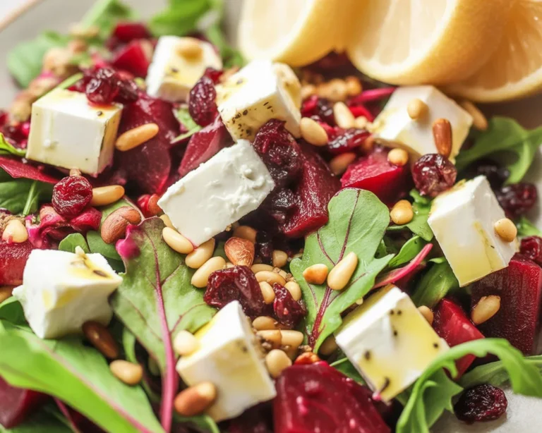 Sałatka z buraków, rukoli i fetą z sosem musztardowym na talerzu.