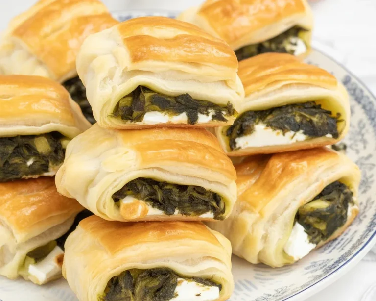 Zawijane ciastka francuskie ze szpinakiem i fetą na talerzu