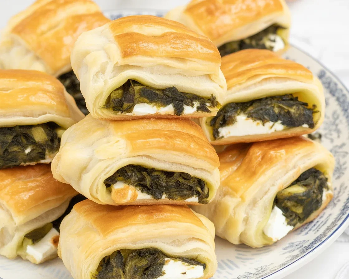 Zawijane ciastka francuskie ze szpinakiem i fetą na talerzu